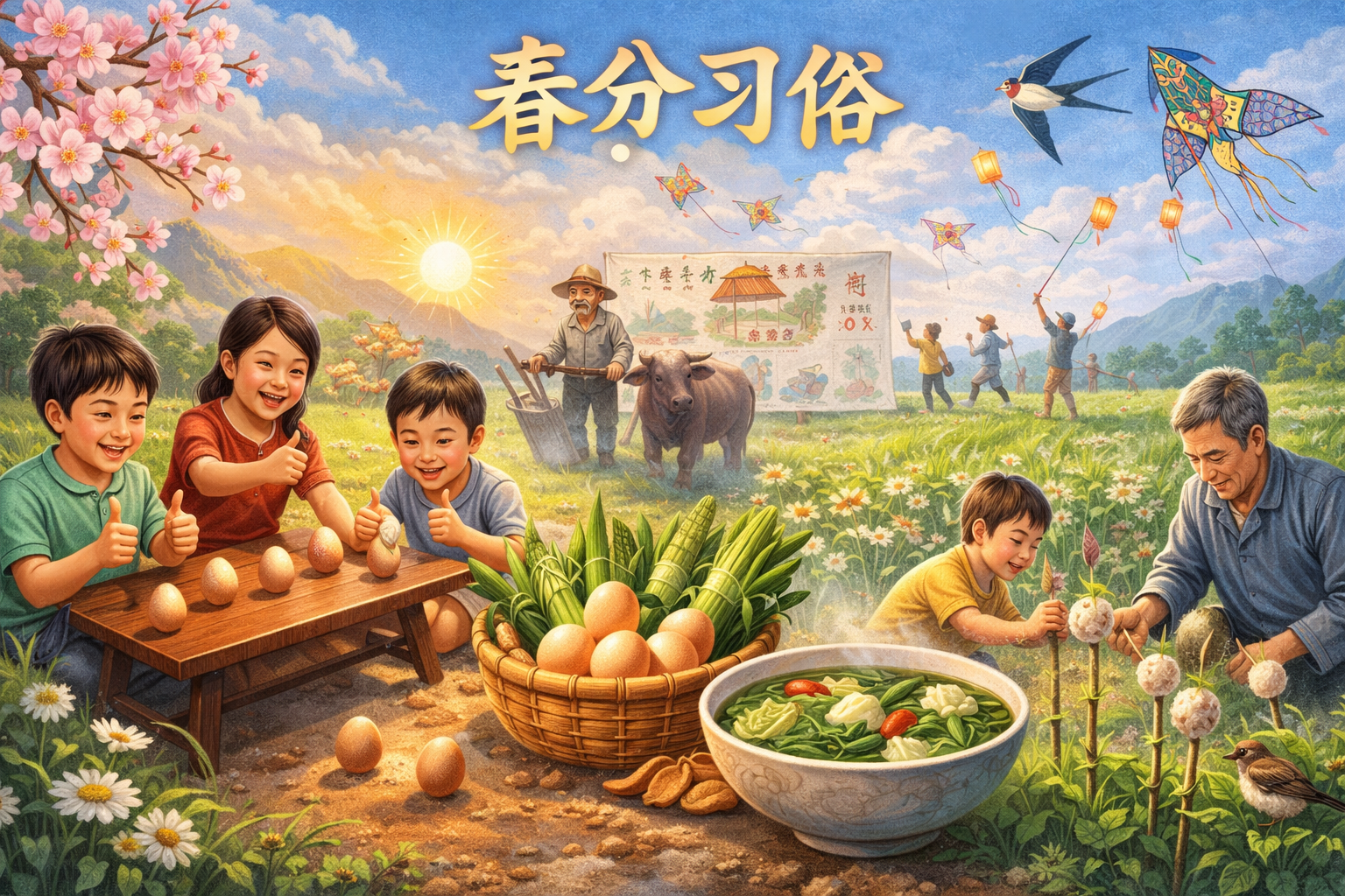 Spring Equinox traditions in China including egg balancing, spring vegetables, and kite flying 